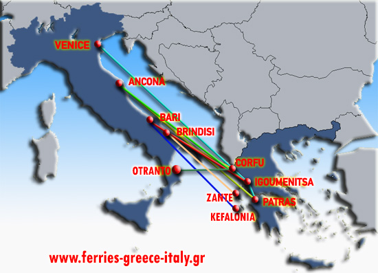 All Greek ferries routes between Greece ( Patras, Corfu, Igoumenitsa, Kefalonia, Paxi, Piraeus - Athens ), Italy ( Ancona, Bari, Brindisi, Trieste, Venice ), Albania ( Durres ) and the Greek islands. ON LINE ! ! !